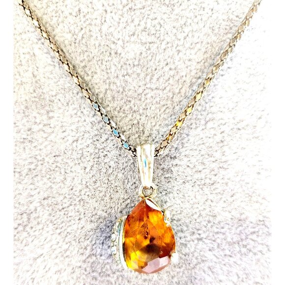 Pear shaped Citrine and Cubic Zirconia Gemstone Pendant Silver Tone Necklace 22" - Picture 1 of 9